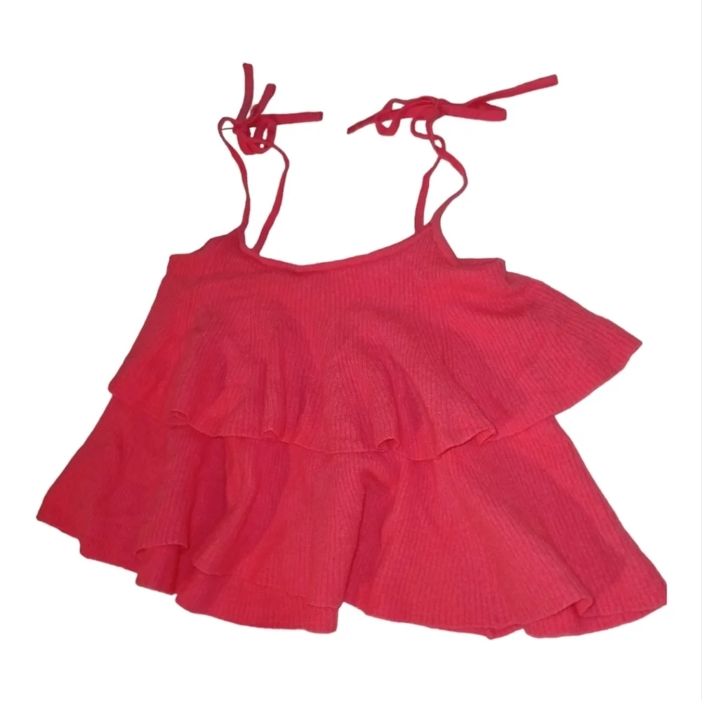 J Crew Merino Wool Tiered Ruffle Tank Top with Tie Shoulder Straps Pink Size S - Picture 6 of 9